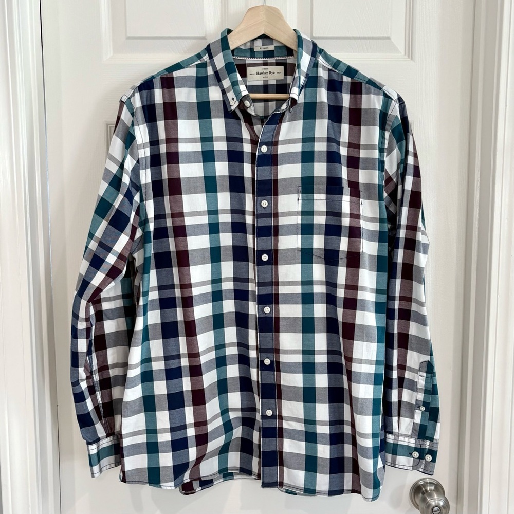 Hawker & Rye White Blue Plaid Button Up Dress Casual Shirt Men XL Regular